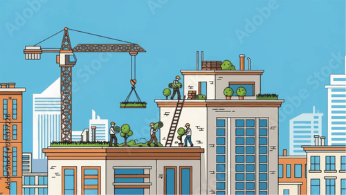 Green Roof Construction and Rooftop Garden Installation in Urban City Setting. Sustainable Architecture and Ecological Development.