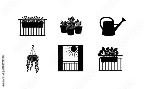 Silhouette garden elements: pots, watering can, balcony scenes for gardening decor