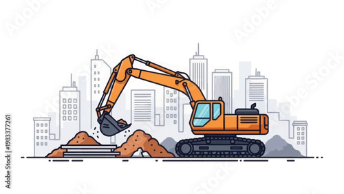 Orange Excavator Digging Earth on Construction Site with Urban Cityscape Outline Background