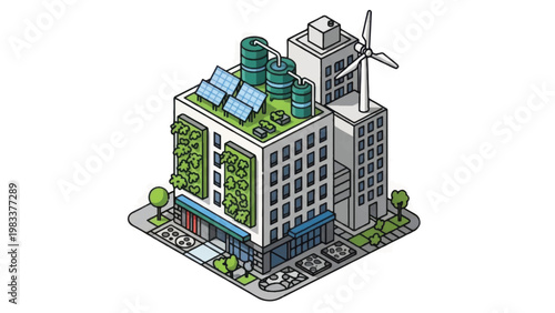 Sustainable Eco-Friendly Smart City Building Isometric. Green Architecture with Solar Panels, Vertical Garden, and Renewable Energy.