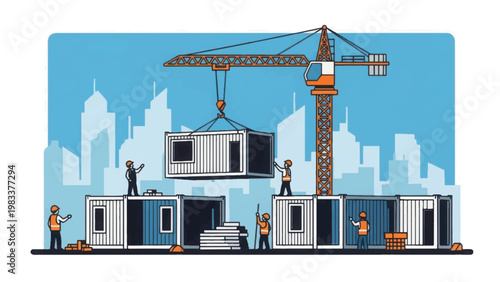 Modular Container Architecture Construction. Crane and Workers Assembling Prefabricated Shipping Container Homes in City Skyline Background.