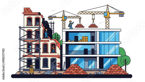 Urban Development and Renovation Illustration. Construction site showing modern architecture being built next to an old, deteriorating building.