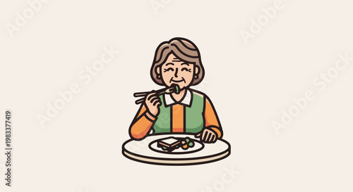 Elderly woman enjoys a healthy meal of sandwich and vegetables