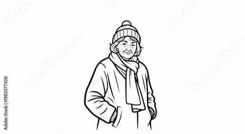 Elderly woman in winter attire, wearing a hat and scarf