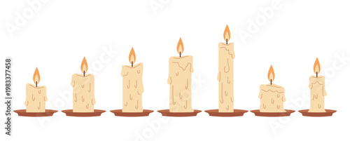 Set of Burning Candles with Dripping Wax – Decorative and Spiritual Flat Vector Illustration