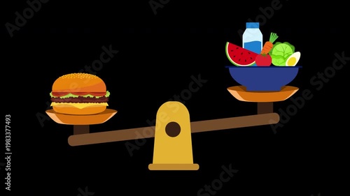Healthy Food vs Junk Burger Balance Scale Animation Loop with Alpha Channel
