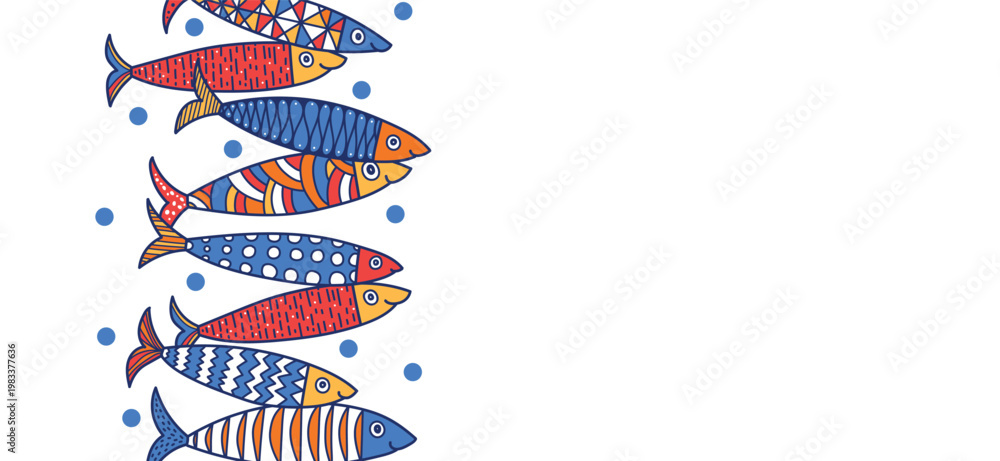 Fototapeta premium Sardines. Vector sea poster. Undersea. Wave.