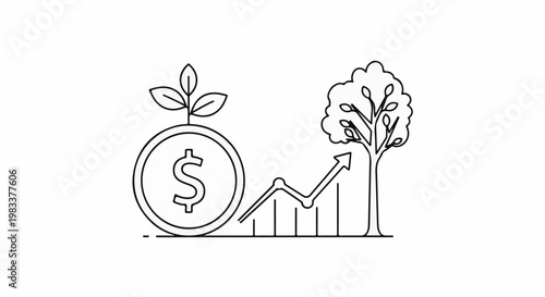 Dollar coin with sprout and rising graph next to a tree