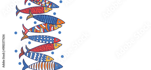 Sardines. Vector sea poster. Undersea. Wave.