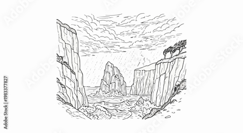 Dramatic coastal cliffs endure stormy seas with jagged rock formations