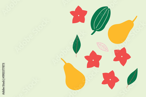 Art & Illustration Appetizing fruit and berries collection. Decorative abstract horizontal banner with colorful doodles. Hand-drawn modern illustrations with fruit and berries, abstract elements. 