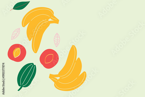 Art & Illustration Appetizing fruit and berries collection. Decorative abstract horizontal banner with colorful doodles. Hand-drawn modern illustrations with fruit and berries, abstract elements. 