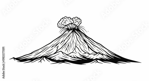 Dramatic ink drawing of a volcano erupting, spewing smoke clouds
