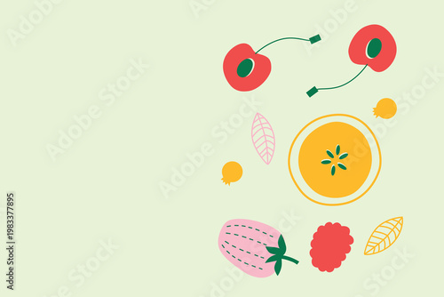 Art & Illustration Appetizing fruit and berries collection. Decorative abstract horizontal banner with colorful doodles. Hand-drawn modern illustrations with fruit and berries, abstract elements. 