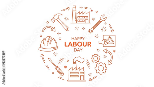 Labor Day Celebration: A creative illustration paying tribute to hard work and dedication, a visual celebration of Labor Day. The circular arrangement contains tools such as a hammer and wrench.