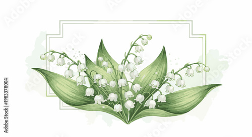 Delicate watercolor bouquet of lily of the valley with a light green frame