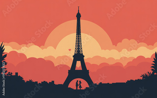 Silhouette of the eiffel tower at sunset with a couple holding hands