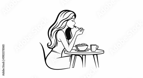 Elegant woman enjoys a breakfast of cereal and coffee at a small table