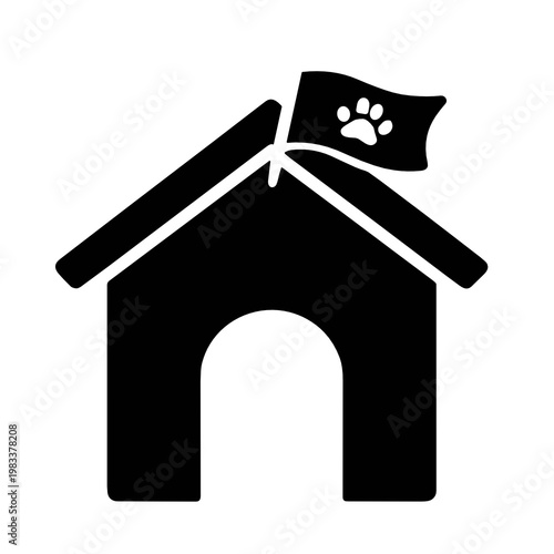 Black pet house silhouette with a paw print flag on the roof. Minimal kennel or animal shelter icon for pet hotel, boarding, adoption center, grooming salon or care service branding.