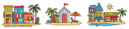 Three compact beach town illustrations featuring colorful facades, a lifeguard hut and sunny resort strip. Vacation, tourism and seaside destination concept on transparent background.