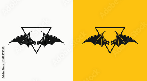 Black bat silhouette illustration with spread wings on a split white and orange background.