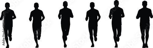 Frontal view of six marathon runners in motion, set of black vector silhouettes of athletes jogging and sprinting in a row isolated on white.
