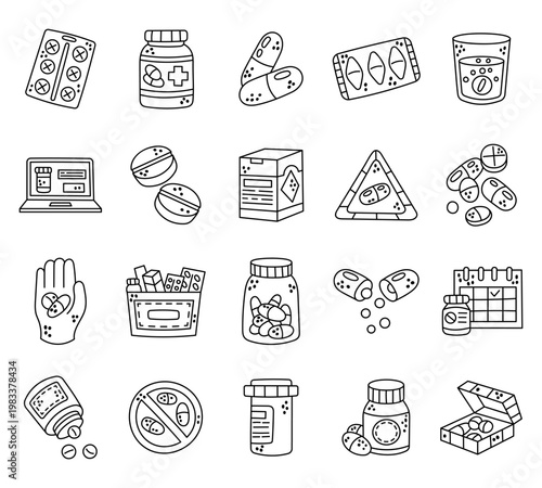 Tablet pill set in outline line art medicine pharmacy treatment dosage health care supplement capsule bottle container blister package storage calendar
