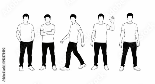 Five figures of a man in different poses, black and white line drawing
