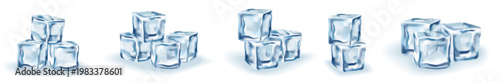 Set of realistic ice cubes isolated on transparent background. Detailed vector illustration for cold drinks, cocktails, beverage design, and refreshing summer concepts