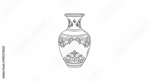 Detailed black and white sketch of an ornate, patterned vase on a white background