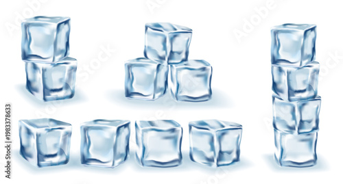 Set of realistic ice cubes isolated on transparent background. Detailed vector illustration for cold drinks, cocktails, beverage design, and refreshing summer concepts