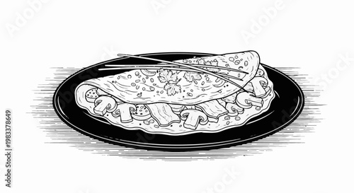 Detailed black and white sketch of a filled omelet on a plate with sliced mushrooms
