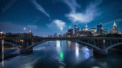 Hyperrealistic timelapse of a night metropolis with a bridge, lights reflecting in the water and moving clouds