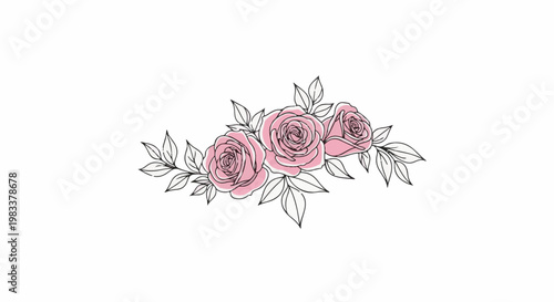 Delicate pink roses with black outlines and leafy stems