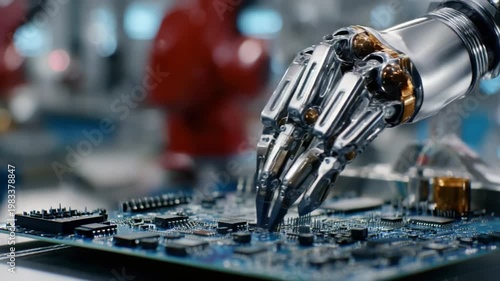 Robotic Hand Assembling a Circuit Board: A close-up shot showcasing a robotic hand meticulously assembling a circuit board, highlighting the precision and technological innovation in modern industry.