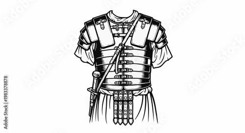 Detailed black and white illustration of ancient armor with sword and tunic