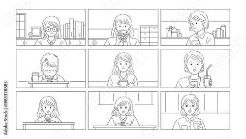 Moments of Contemplation: Captivating illustration showcasing various individuals engaged in diverse activities, reflecting on the essence of their inner world.