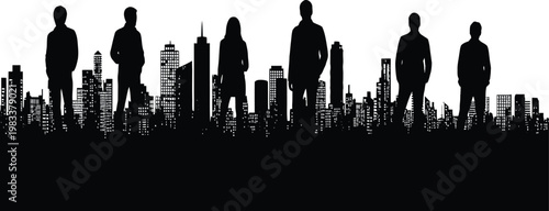 Group of diverse business professionals standing in front of a modern city skyline, black vector silhouettes of people with urban cityscape isolated on white.