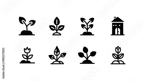 Set of minimalist plant and house icons in black silhouette style