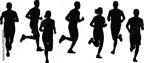 Group of diverse male and female runner silhouettes, black vector icons of people jogging and sprinting isolated on white.