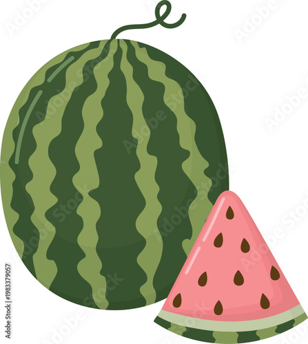 Whole watermelon with striped rind and triangular slice isolated on white.  Summer fruit with juicy pulp and brown seeds