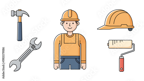 Craftsman's Toolbox: An illustration showcasing essential tools and a worker, symbolizing construction, industry, and the skilled trades.