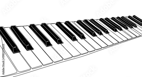 A close-up, black and white line drawing of piano keys receding into the distance