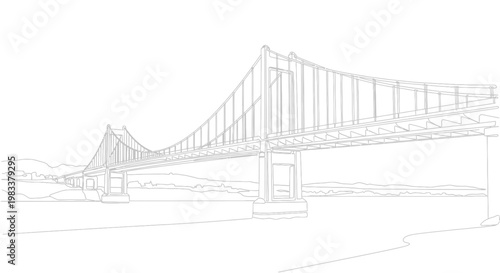 White line drawing of a suspension bridge spanning over water with distant hills