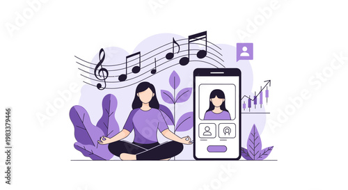 woman meditating with phone and music.