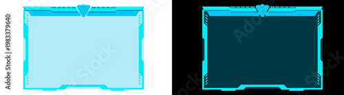 PNG image of A futuristic digital user interface frame with a blue and cyan geometric design, ideal for streaming and gaming, on transparent background.