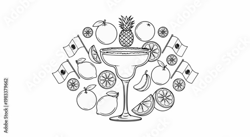 Festive margarita glass surrounded by tropical fruits and flags