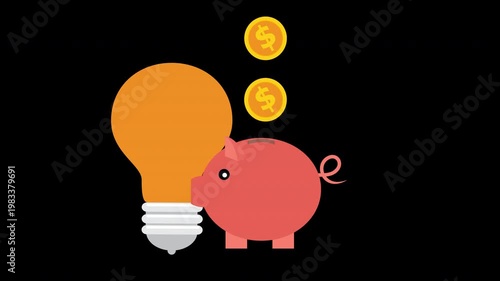 Piggy Bank with Light Bulb Idea and Coins Creative Investment Animation Loop with Alpha Channel