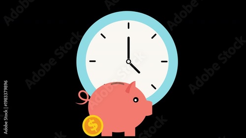 Piggy Bank with Large Clock and Gold Coin Financial Planning Animation Loop with Alpha Channel