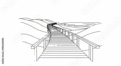 Elevated wooden walkway curves through dunes towards a calm sea